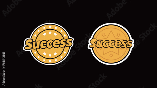 Success Badge Sticker Design with Retro Yellow Text on Golden Coin or Medal Illustration for Achievement and Victory Motivation Isolated on Black Background Vector Graphic Element.