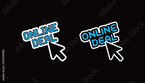 Online Deal Sticker Design with Pixel Art Text and Computer Mouse Cursor Illustration for E-commerce and Digital Sale Isolated on Black Background Vector Graphic Element.