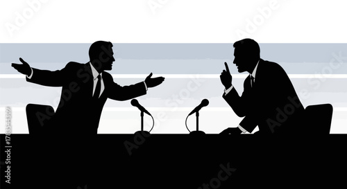 Two men in suits debate at microphones, with striped background