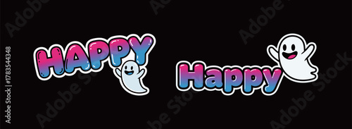 Happy Ghost Sticker Design with Cute Floating Character and Colorful Gradient Retro Text for Halloween or Positive Emotion Isolated on Black Background Vector Graphic Element.