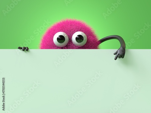 Fluffy, cute monster holds a blank sign, symbolizes information and advertising display. 3D rendering, conceptual image. Isolated on white background.
