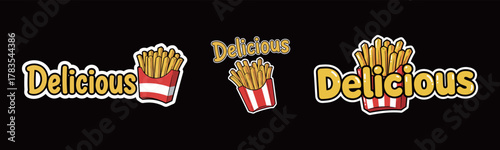 Delicious French Fries Sticker Design with Retro Text and Fried Potato in Red Box Illustration for Fast Food and Snacking Isolated on Black Background Vector Graphic Element.