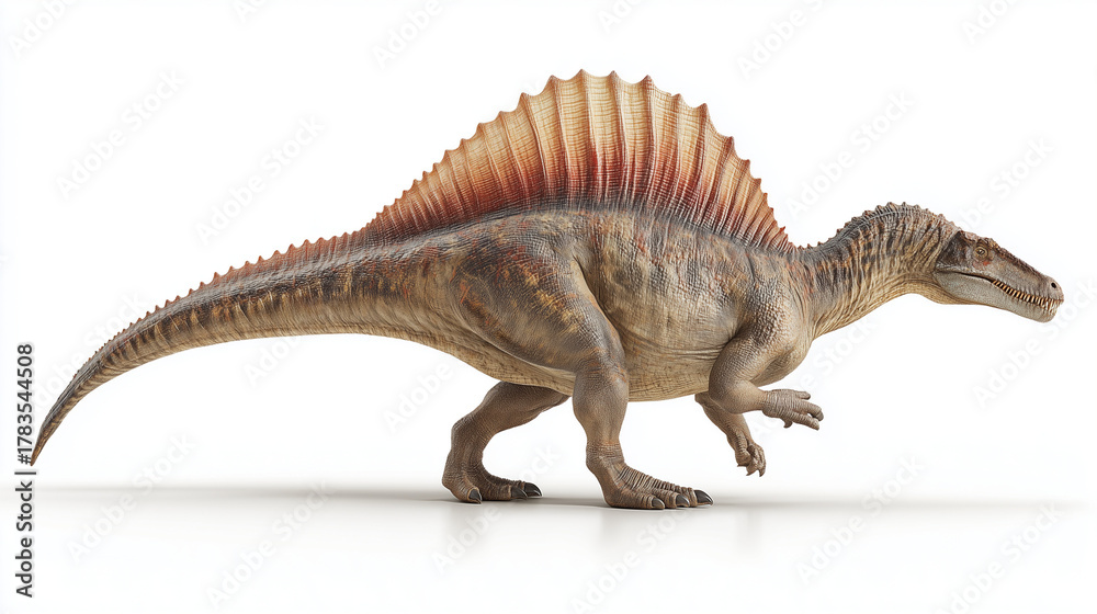 Fototapeta premium AI-generated image - A highly detailed full-body illustration of a Spinosaurus, featuring its distinctive sail, textured skin, and powerful stance, isolated on a clean white background.
