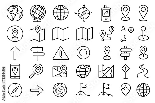 World Map and Navigation Line Icons Set – 40 Unique Black & White Outline Travel Symbols