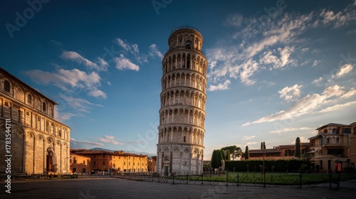 Historic Leaning Tower of Pisa Under Bright Sky with Clouds in Italy