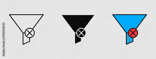 Minimal funnel filter icon with a clear/remove mark, shown in outline, solid, and colored styles. Ideal for reset filters, clear search, UI controls, and dashboard tools.