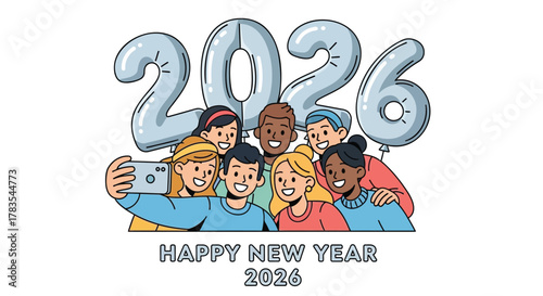 Diverse group of friends taking a selfie with large 2026 balloons celebrating the new year