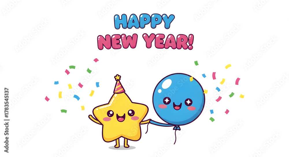 Obraz premium Cute kawaii star and balloon celebrate happy new year with confetti