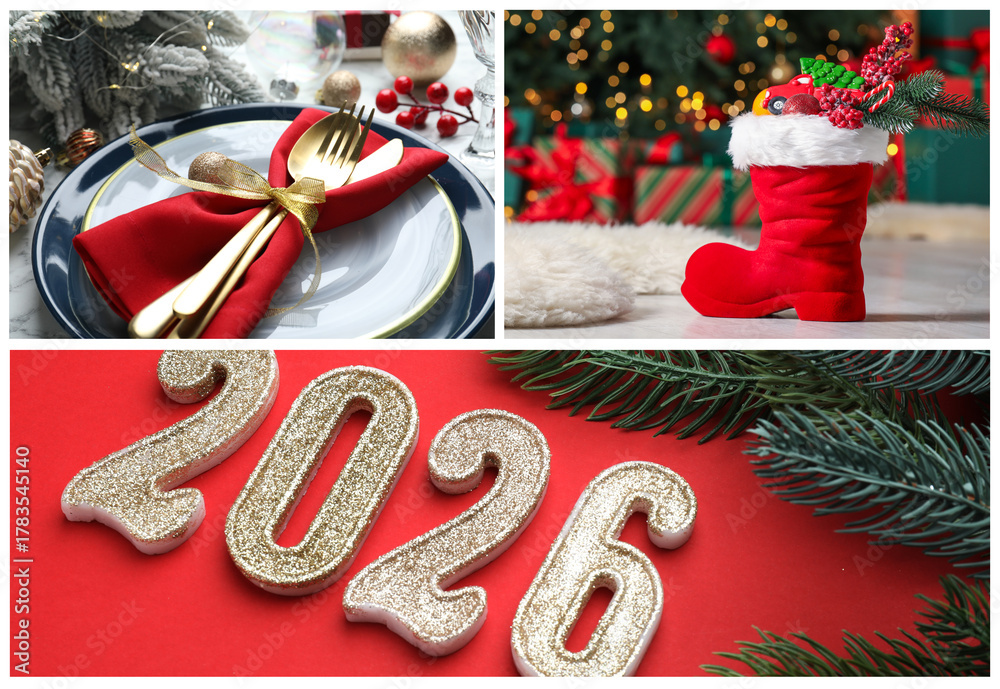 Obraz premium Christmas and New Year celebration. Festive themed collage of pictures with decor and numbers 2026