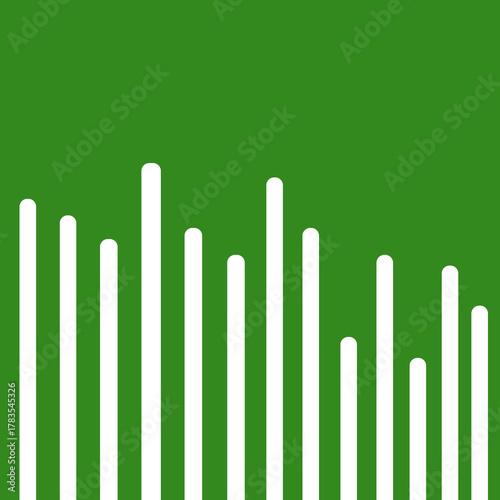 The image shows a series of vertical white bars of varying heights arranged closely together against a solid green background. The bars resemble a stylized bar chart, sound equalizer, or abstract city