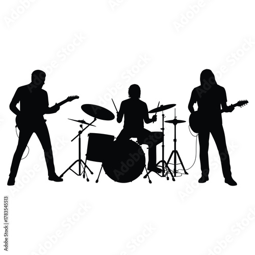 Silhouette of a rock band performing on stage with guitars and drums