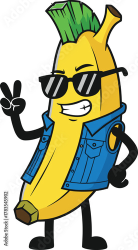 Cad drawing flat vector illustration, cartoon banana character, green mohawk hair, sunglasses, denim jacket, peace sign, funny fruit mascot