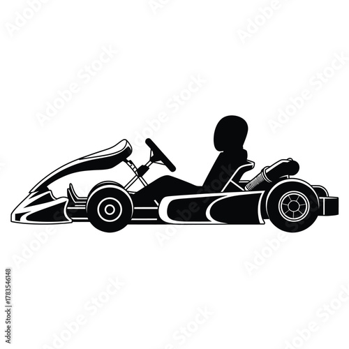 Silhouette of a go kart with driver on white background