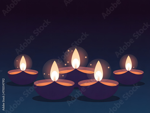 An illustration of  Diya oil lamps in a row, celebrating the Diwali festival. The bright flames have a magical sparkling halo against a dark purple and blue night background.