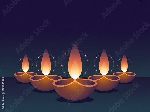 An illustration of  Diya oil lamps in a row, celebrating the Diwali festival. The bright flames have a magical sparkling halo against a dark purple and blue night background.