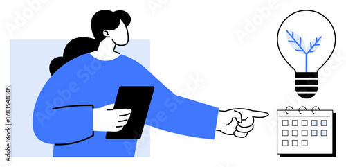 Woman holding tablet and gesturing toward calendar and light bulb with tree, symbolizing scheduling, planning, creativity, and innovation. Ideal for productivity, time management, teamwork