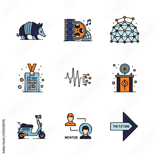 Set of 9 flat design icons representing technology, business, and lifestyle concepts