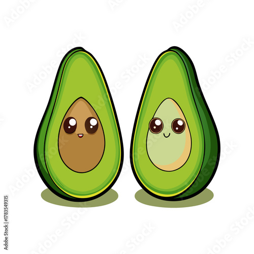 Two cute cartoon avocados with happy faces isolated on white background