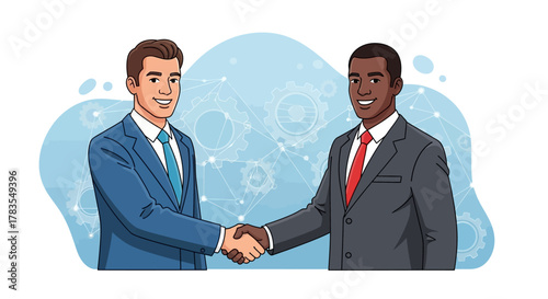 Two smiling men in suits shake hands, symbolizing agreement against a blue, abstract background with gears