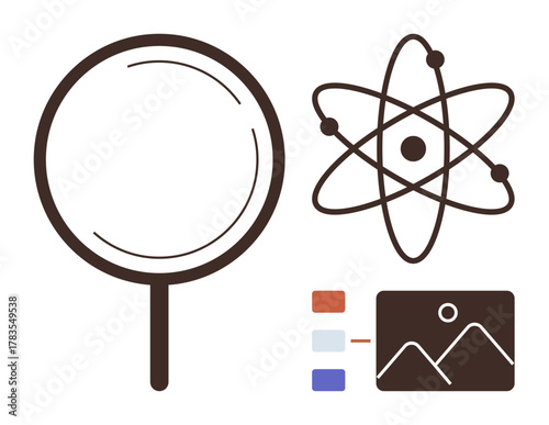 Magnifying glass, atom model, simplified graph with labels symbolizing research, innovation, education, analysis, scientific discovery, data processing, and technology in a simple flat metaphor