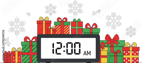 Midnight christmas presents with digital clock and snowflakes on a white background
