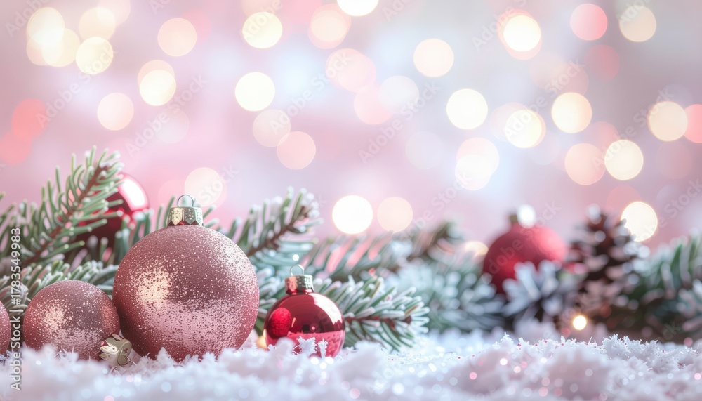 Fototapeta premium Celebrating the holiday spirit christmas decorations with ornaments and pine in a festive setting soft focus background cozy atmosphere