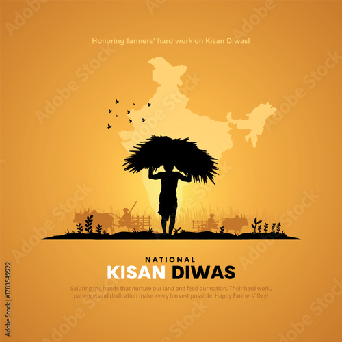 Happy Kisan Diwas Text with an Indian farmer silhouette vector illustration for a social media creative post template.