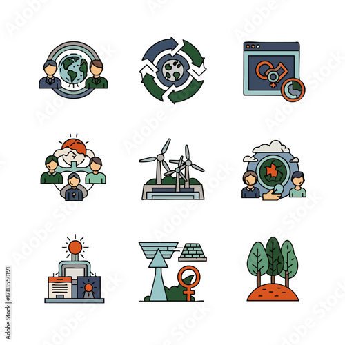 A diverse collection of modern flat design icons illustrating global environmental sustainability, renewable energy, community engagement, and ecological preservation.