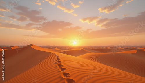 Vibrant Orange Desert Dunes at Sunset with Footprints Leading into the Horizon