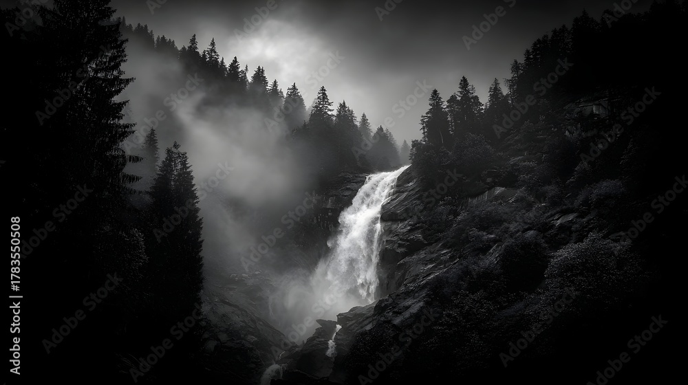 Fototapeta premium Dramatic monochrome waterfall cascading through a misty rugged forest