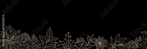 Elegant black and gold winter floral border in minimalist  line art. Detailed roses, holly, and foliage form a decorative christmas horizontal design perfect for cards and invitations.