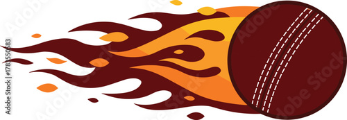 Cricket ball, flaming vector illustration, fiery sports design, dynamic motion, fast bowling, speed power, athletic energy, burning ball, game symbol, digital artwork