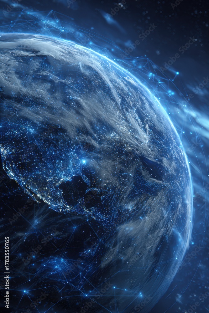 Obraz premium A blue planet with a network of lights is seen from space, suggesting global connectivity.