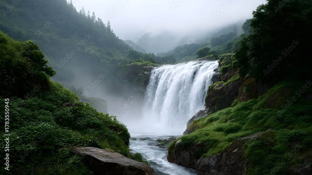 Fototapeta premium A majestic and powerful waterfall cascades down lush green cliffs enveloped in mist creating a serene and breathtaking natural landscape