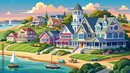 Very beautiful Oak Bluffs scenery on Martha’s Vineyard, Massachusetts, featuring coastal views, classic New England architecture, gentle shoreline, and soft natural light in a realistic documentary-st