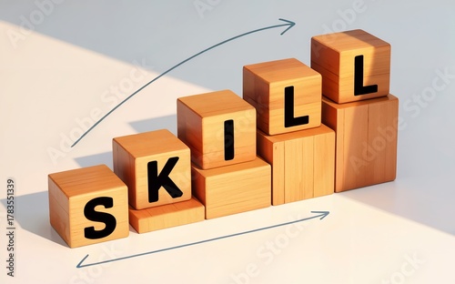 Conceptual Image of Skill Development Shown with Wooden Blocks and Growth Arrow.