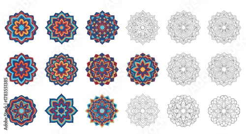 Colorful Mandala Vector Set – Abstract Floral Geometric Pattern Collection with Line Art Designs