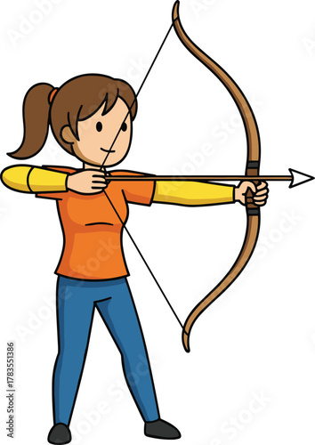 Young woman archer standing poised, drawing traditional wooden bow with arrow, aiming precisely at target, practicing archery sport, cartoon illustration isolated on white background.
