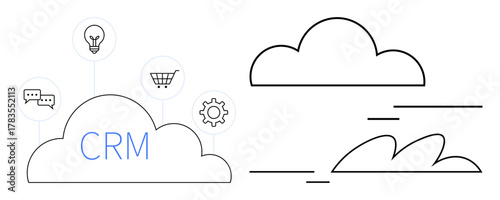Cloud with CRM text, icons of lightbulb, messages, cart, gear, and abstract clouds. Ideal for technology, business data management cloud computing CRM platforms innovation teamwork. Simple flat
