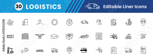 Logistics glyph Icon set, Delivery Truck, Warehouse, Forklift, Cargo Ship, Airplane, GPS Pin, Palette, Barcode, Globe, Supply Chain Vector line Icons illustration.