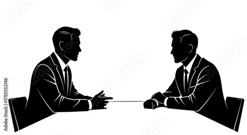 Two businessmen in suits sit across a table, silhouetted against a white background