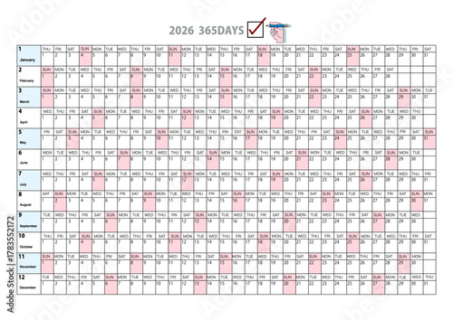 2026年版の一目でわかる年間カレンダー