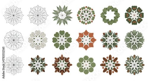 Botanical Mandala Vector Set – Nature Leaf and Pinecone Geometric Pattern Collection for Decorative Design