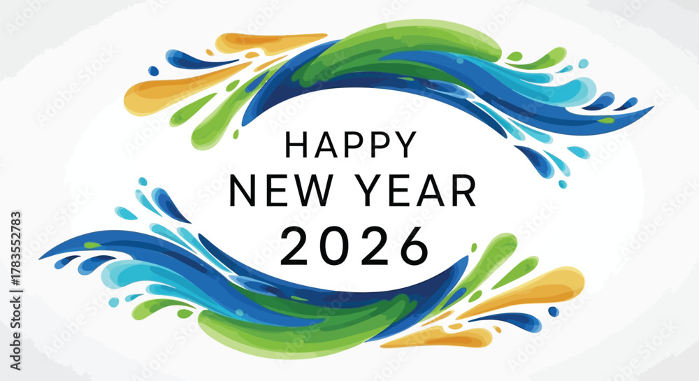 Fototapeta premium Happy new year 2026 text surrounded by a vibrant abstract colorful wave splash design on a white background