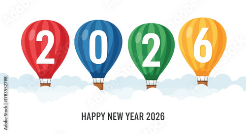 Colorful hot air balloons ascend into the clouds forming the numbers 2026 for a festive happy new year celebration
