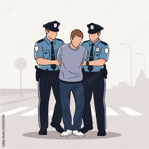 Man arrested by police officers on the street, law enforcement action.