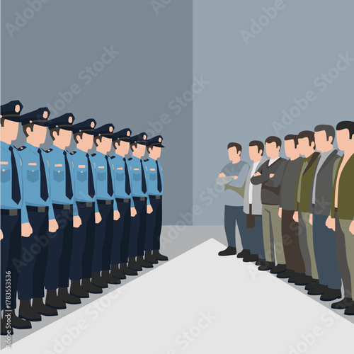 Police officers and civilians stand facing each other in a confrontation.