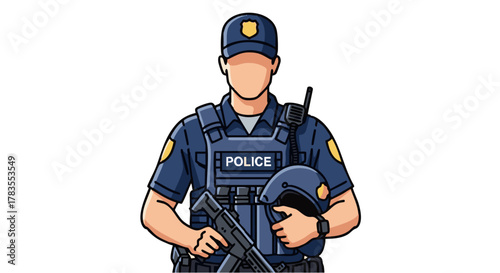 Police officer in tactical gear holding a weapon and helmet, ready for action.