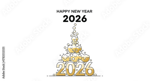 Happy new year 2026 celebration with sparkling champagne bubbles forming a festive abstract shape against a clean white background