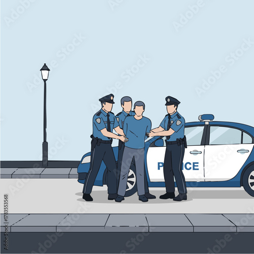 Police officers arresting a man near a police car on the street.